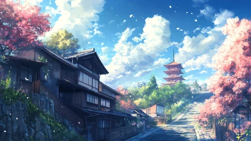 Sunlit sakura street leading toward distant pagoda tower.