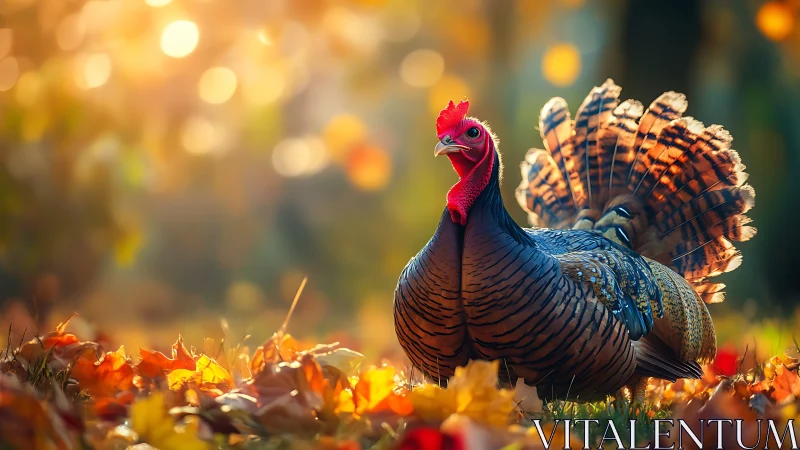Wild Turkey Display Struts Through Autumn Foliage.