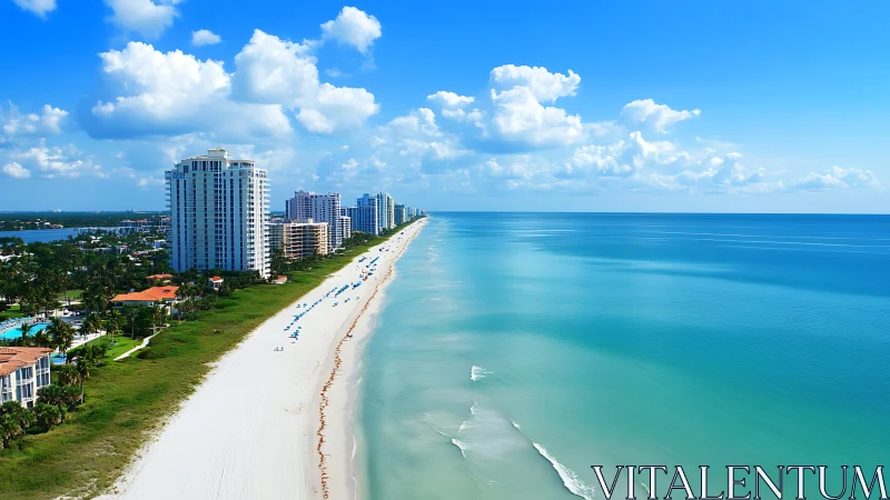 High-rise resorts overlook a tranquil turquoise shoreline.