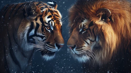 Juxtaposed Feline Predators: Tiger and Lion Facial Confrontation Study.