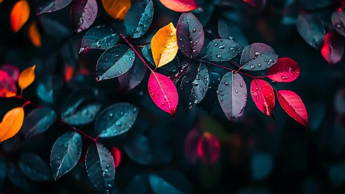 Colored leaves with water droplets form a contrasting branch