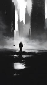 Solitary figure in foggy monochrome futuristic cityscape.