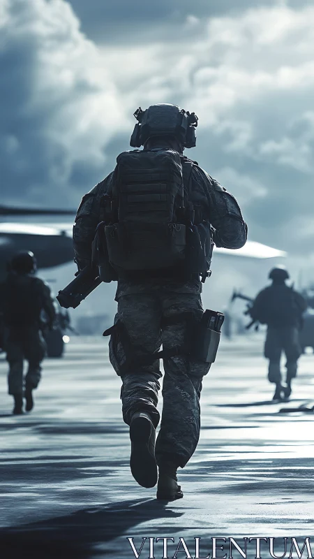 Soldier in tactical gear moves across runway toward aircraft