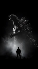 Monochrome kaiju confrontation in cinematic silhouette lighting.