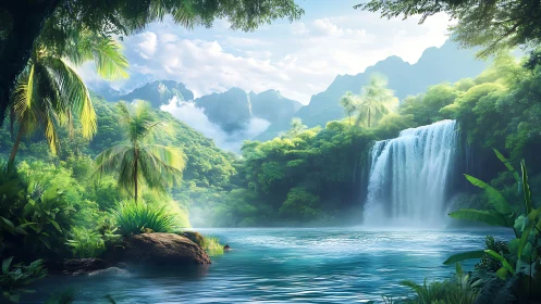 Lush tropical waterfall flows into calm turquoise jungle lake