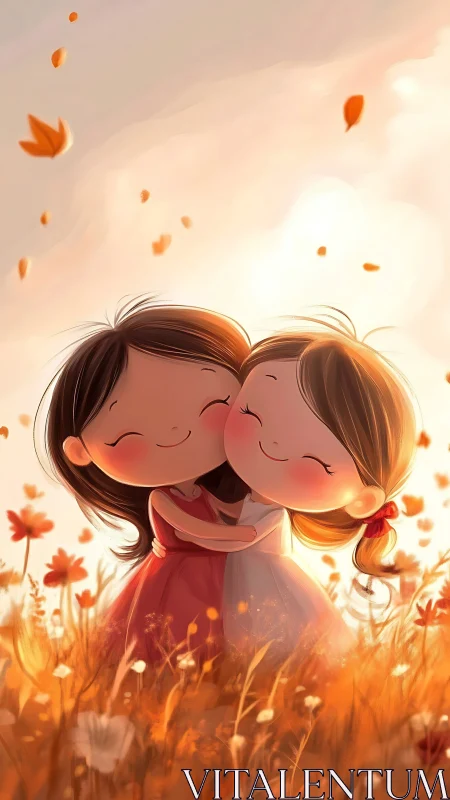 Two animated girls kissing in golden flower field at sunset