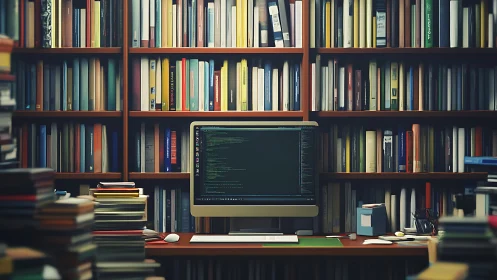 Code-lit command center amid towering library stacks.