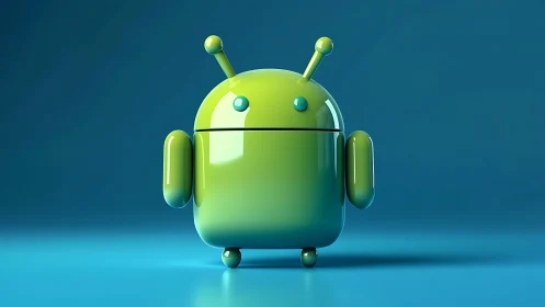 Glossy green robot mascot stands on reflective blue surface