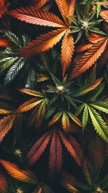 Autumn-toned cannabis leaves display radial venation under soft light