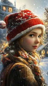 Snowlit girl in red hat savoring a quiet winter wonderland.