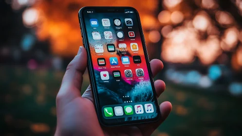 Hand holding iPhone displaying home screen with app icons.