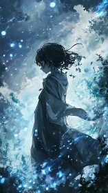 Dreamy night wanderer wrapped in soft blue starlight.