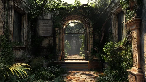 Overgrown stone corridor leading into sunlit ruins.