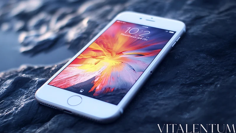 White iPhone with Vibrant Sunset Wallpaper on Stone Surface