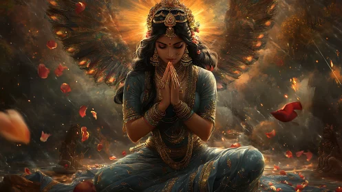 Winged goddess in ember storm praying for quiet miracles.