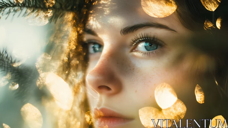 Close-up portrait with blue eyes and circular light bokeh.