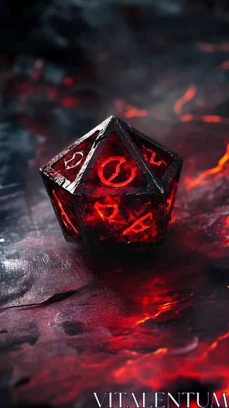 Runed infernal d20 die over molten volcanic surface.