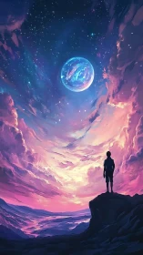 Silhouette on cliff under glowing planet and starry sky.