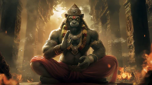 Divine simian warrior deity in meditative temple inferno