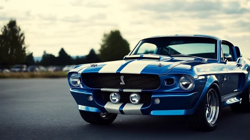 Classic blue muscle car cruising under soft evening skies.
