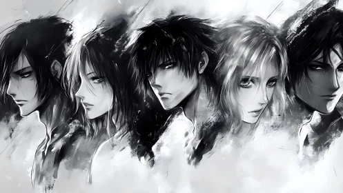 Storm-lit anime ensemble in monochrome drifting through mist.