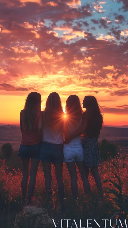 Friends stand in warm sunset glow over wild meadow field.