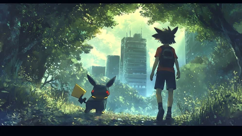 Sunlit forest doorway to a quiet overgrown city adventure.