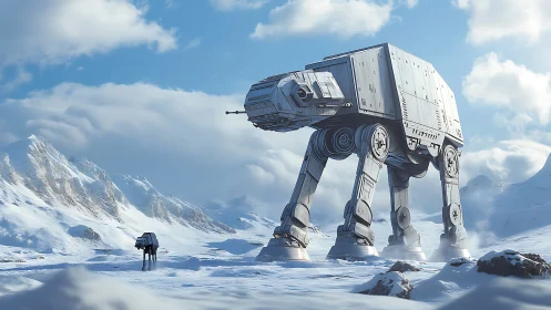 Colossal walker prowls a frostbitten valley of silent steel