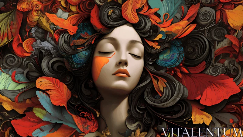 Surreal portrait of woman with swirling floral forms.