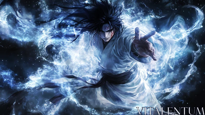 Energetic anime duelist channeling turbulent blue ether field.