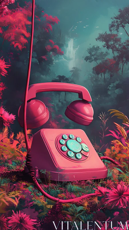 Retro pink rotary phone amid neon jungle dreamscape.