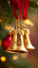 Golden bell ornaments hang from red ribbons on tree
