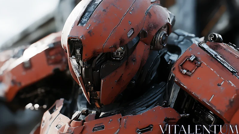 Battle-worn red combat mech with detailed armored plating.