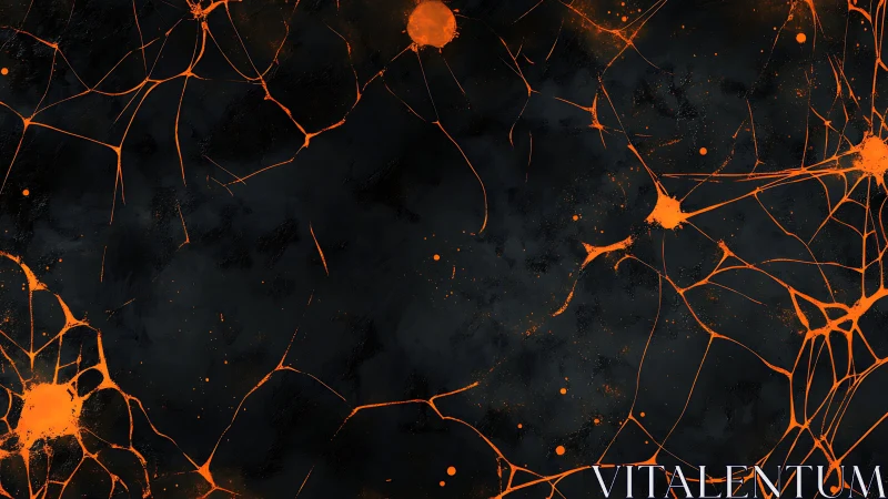 Orange linear splatter network on dark textured ground.