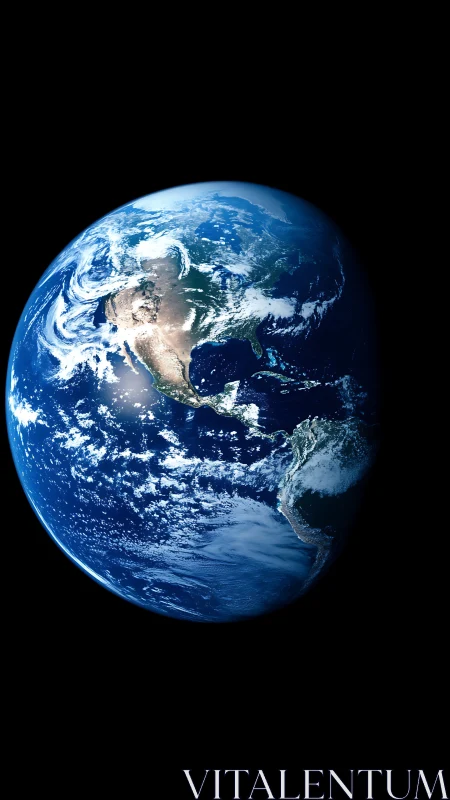 Earth from space shows sunlit Americas against deep black cosmos