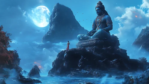 Moonlit blue deity statue over misty mountainscape at night.