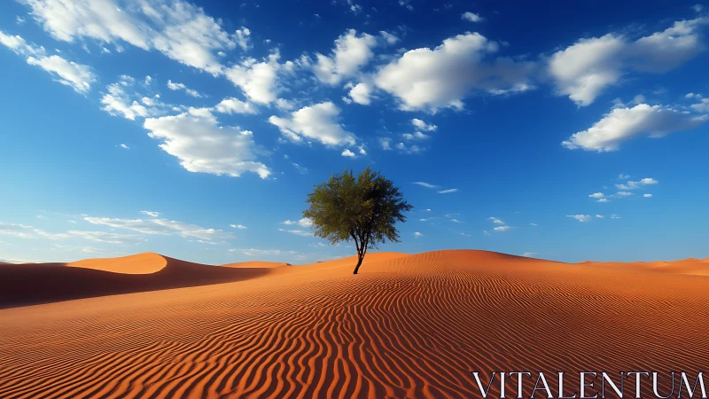 Solitary acacia on rippled dunes under saturated desert sky