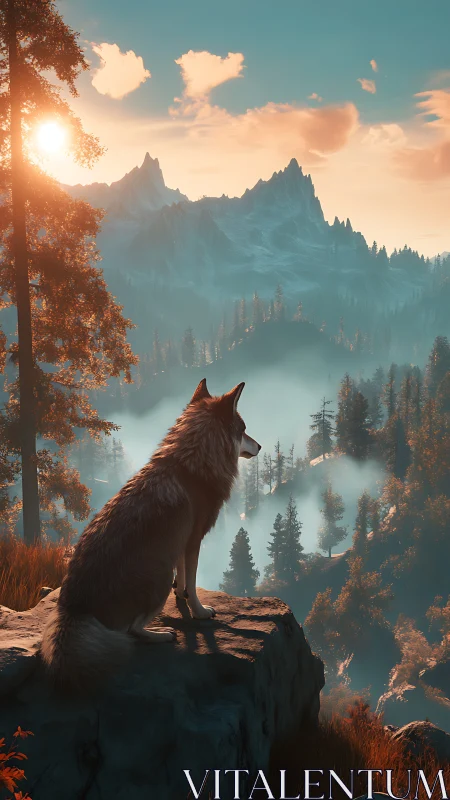 Wolf on rocky ledge overlooking misty conifer valley at dawn.