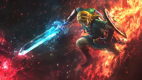 Armored elf warrior leaps through fire with glowing sword