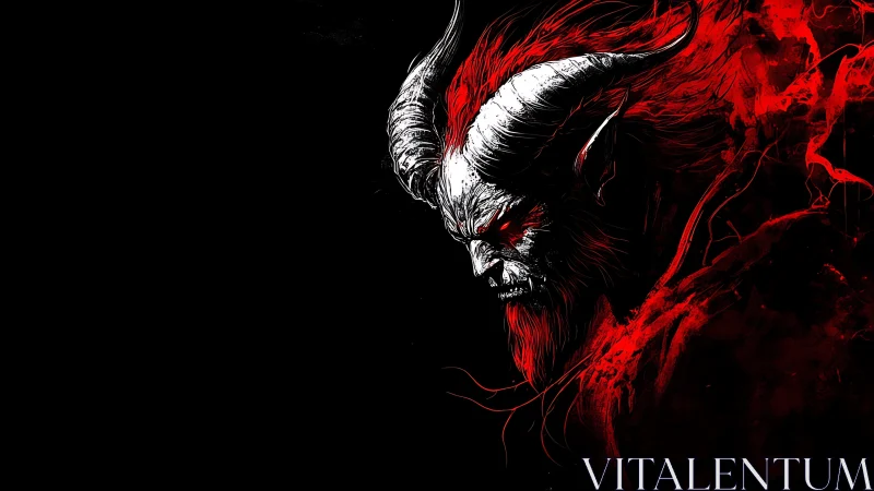 Horned inferno king leans from darkness in blazing red