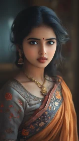 Digital portrait of Indian woman in embroidered saree and jewelry