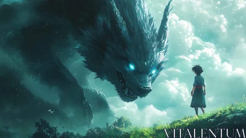 Human figure facing large spectral wolf in clouded sky.