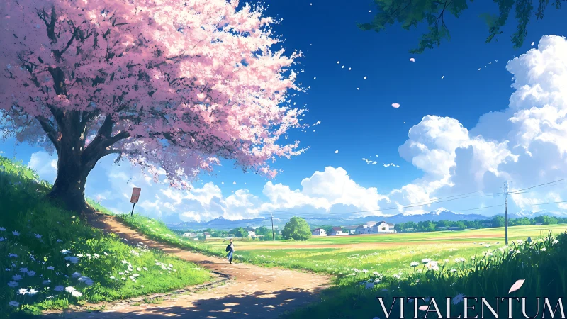 Cherry blossom hill path over bright rural fields.
