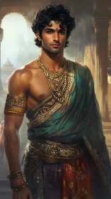 Regal young man in ornate traditional Indian attire.