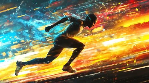 Electric runner charging through streaks of color and light.