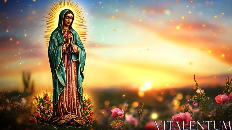 Radiant robed figure with halo over rose field at sunset.