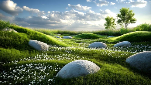 Sunlit meadow hills with white stone mounds and flora.
