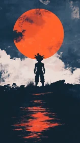 Silhouetted warrior gazes at blazing red moon in silence