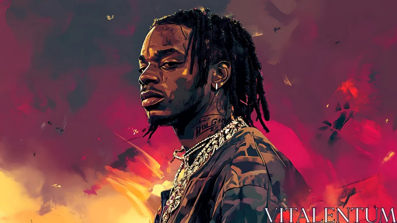 Neon ember portrait of a defiant rapper in molten dusk storm.