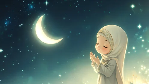 Anime nocturne of praying child under luminous crescent moon.